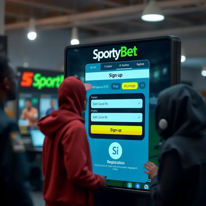 Exterior view of a modern SportyBet shop in Nigeria with clear branding and customers entering