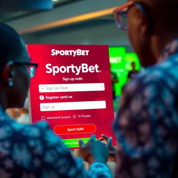Mobile phone displaying SportyBet app login screen with sports betting options