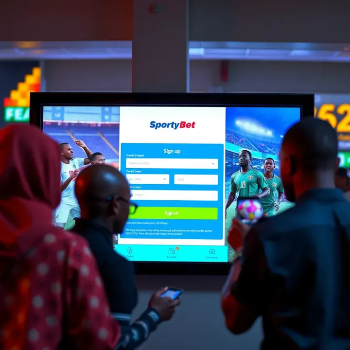 Illustration of a mobile phone displaying SportyBet free spins promotion with betting icons around