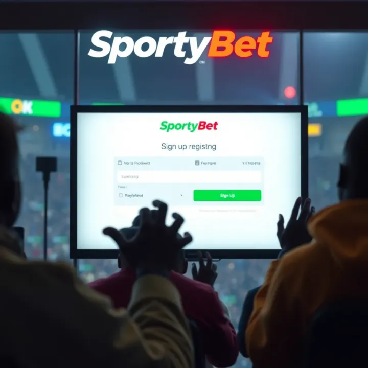 Illustration of a mobile phone displaying the SportyBet registration page with Nigerian currency symbols